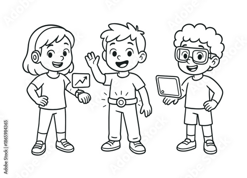 Future Tech Kids. Wearable tech in the future children?s coloring book illustration, outlined drawing, imaginative tech accessories like floating wrist