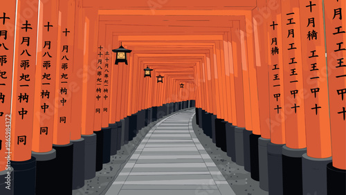 Vibrant torii gate pathway in flat style with japanese text and lanterns