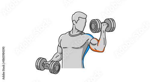 Muscular man performing bicep curls with dumbbells for arm strength training.