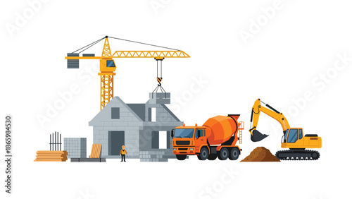 Construction site showing a house under construction with a crane, cement mixer truck, and excavator, symbolizing building and development.