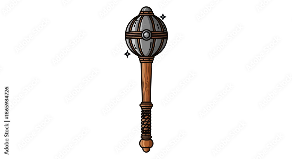 Obraz premium Medieval Flanged Mace Weapon with Wooden Handle and Metal Head.