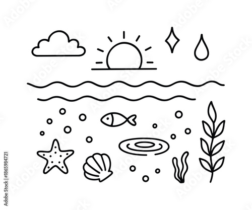 Peaceful Ocean Doodles. Peaceful water. Hand-drawn doodle illustration peaceful water soft waves, droplet, sparkle, cloud, sun, small fish, seashell, starfish,