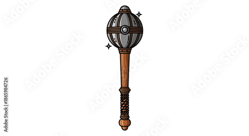 Medieval Flanged Mace Weapon with Wooden Handle and Metal Head.
