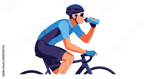 Male cyclist in blue gear drinking water from bottle while riding bicycle illustration.