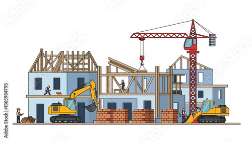 Expansive construction site featuring multiple residential or commercial buildings under development, with cranes, excavators, and workers.