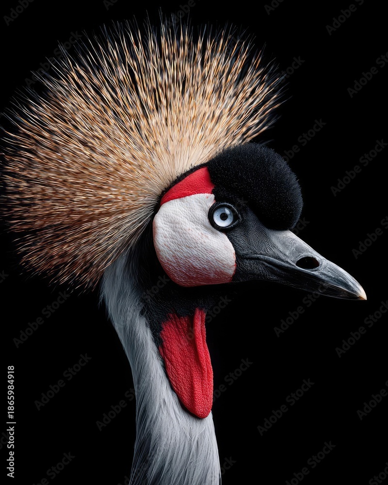 Fototapeta premium Close-up of a grey crowned crane: golden spiky crown, white facial patches with red accents, black face, and a long gray neck. Concept Grey crowned crane, Golden crown