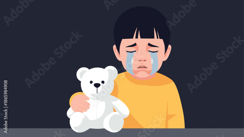 Sad child crying with teddy bear in flat design on dark background