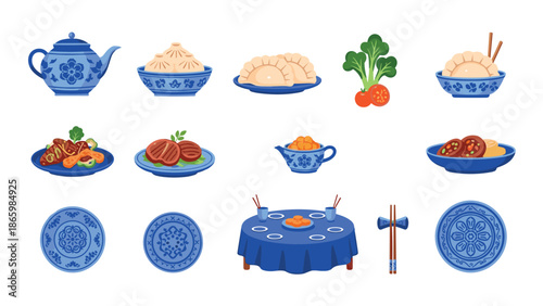 Blue porcelain chinese cuisine elements with dumplings and teapot