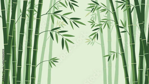 Serene bamboo forest background with lush green stalks and leaves in minimalist style