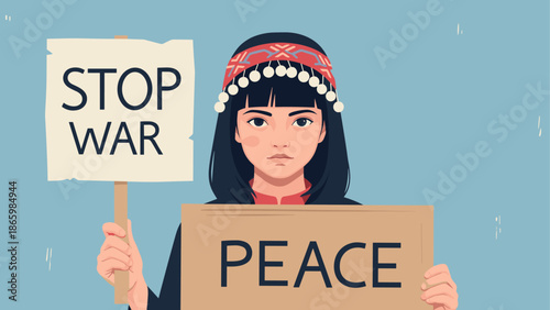 Young woman advocating peace in traditional attire holding protest signs