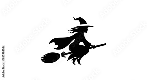 Flying Witch Silhouette on Broomstick for Halloween Design.