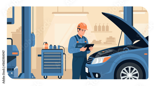 Mechanic conducting car inspection in modern auto repair garage