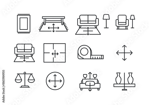 Room Centering Icons. Room Centering. Line icon set of Room Centering: rug, coffee table, sofa, chair, lamp, centered layout, floor plan, measuring tape, arrow