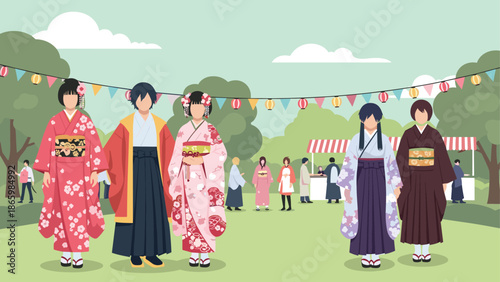 Traditional japanese festival with kimono attire and cultural celebration in a park setting