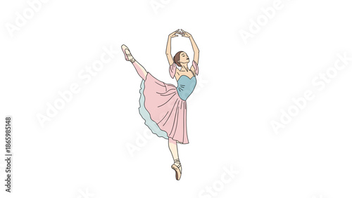 Graceful ballerina in a pink and blue ballet costume and pointe shoes, performing a beautiful, elegant dance pose with artistic flair.