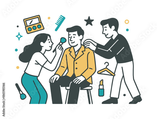 Stylist in Action. Makeup and wardrobe. A stylist fixes an actor?s costume while another applies makeup; soft accessory icons float around. Modern flat-line