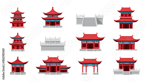 Traditional asian architecture set with pagodas and temples