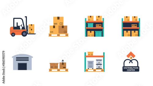 Warehouse logistics icons set featuring forklift and distribution center elements