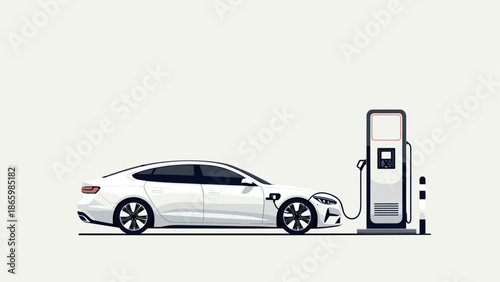 Electric car charging at station in minimalist design