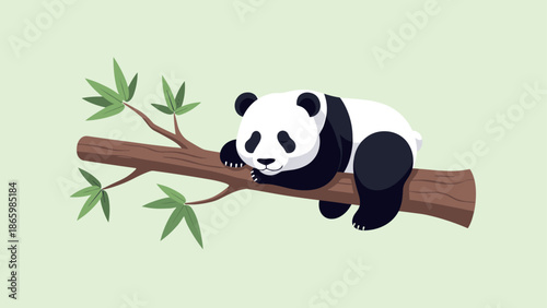 Cute panda relaxing on tree branch with green leaves in flat design