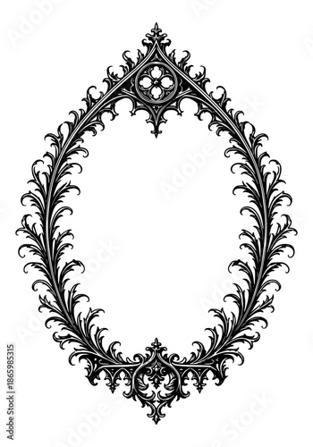 ornate gothic oval frame with intricate victorian floral filigree and symmetrical decorative scrollwork for vintage design and elegant branding