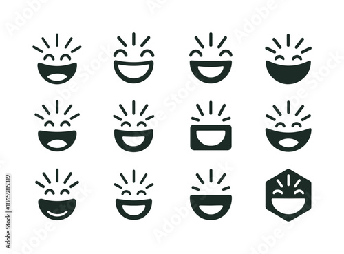 Laughter Icon Variations. joke telling. Icon set. Set Logo of joke telling: burst of laughter lines. harmonious logo variations of the same emblematic concept,