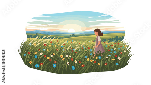 Young girl walking through a vibrant field of colorful wildflowers at sunset, creating a peaceful and picturesque rural landscape scene.