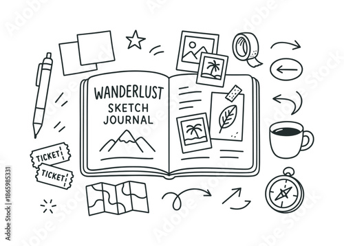 Wanderlust Sketch Essentials. Wanderlust sketch journal. Hand-drawn doodle illustration wanderlust sketch journal open notebook, pen, polaroid photos, ticket