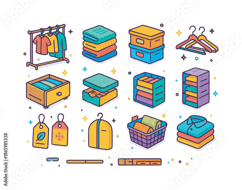 Colorful Wardrobe Icons. Seasonal wardrobe change. Colorful isometric vector icons set of seasonal wardrobe change: clothing rack, folded sweaters, labeled