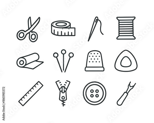 Sleek Fashion Tools Icons. Fashion design tools. Line icon set of Fashion design tools: scissors, measuring tape, sewing needle, thread spool, fabric roll,