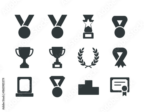 Medals and Trophies Icons. Medals and trophies. Solid icon set of medals and trophies: gold medal, silver medal, bronze medal, cup trophy, star trophy, laurel