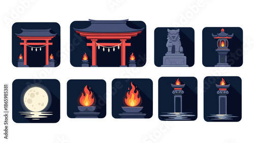Traditional japanese torii gate and lantern icons in flat design