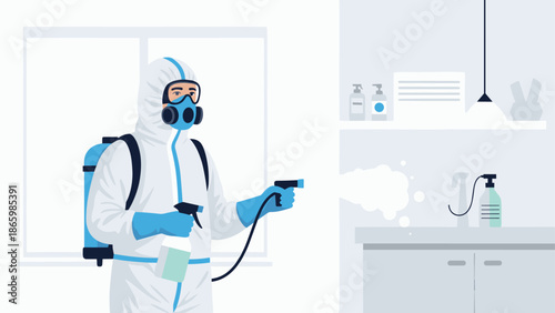 Sanitization professional in protective suit disinfecting indoor environment
