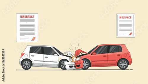 Car collision with insurance posters on wall in minimalist style
