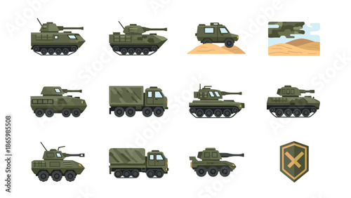 Military vehicles icon set: flat design of tanks, trucks, and jeeps