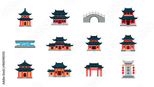 Traditional east asian architecture icons collection featuring pagodas and gates