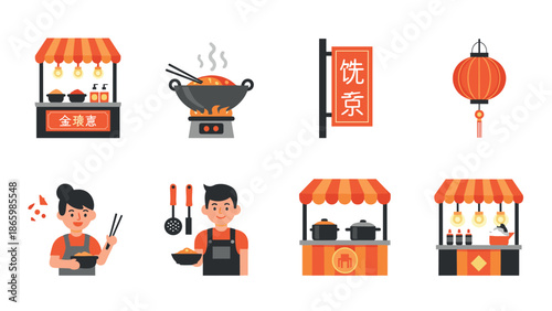 Asian street food icons set with market stalls and traditional cooking elements