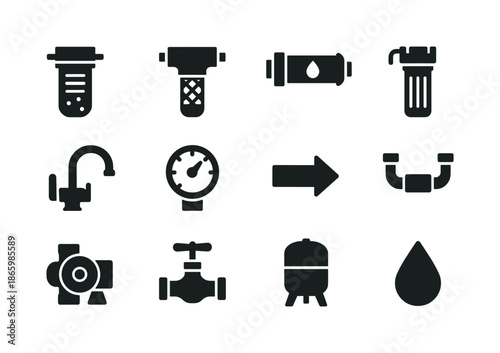 Water Filtration Icons. Water filtration systems. Solid icon set of Water filtration systems: sediment filter, carbon filter, RO membrane, housing, faucet,