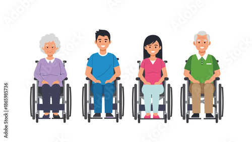 Diverse group of disabled people, including a senior woman, a young man, a young woman, and a senior man, sitting in wheelchairs, showcasing inclusivity and support.