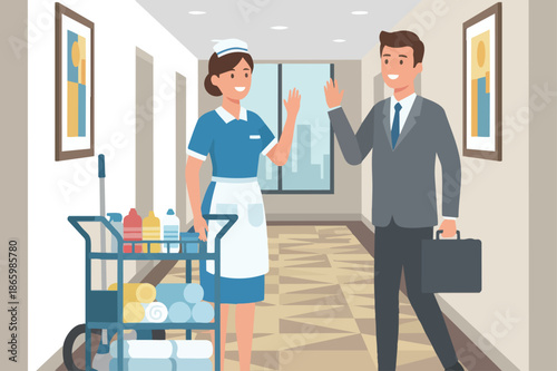 Friendly Hotel Housekeeper and Businessman Exchange Greetings in Hallway