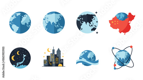 Global icon set featuring earth, city silhouette, and china map in flat style