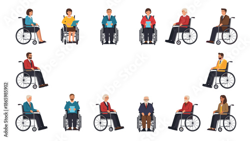 Set of diverse business professionals and elderly individuals in wheelchairs, depicted in various poses and situations, illustrating workplace accessibility and senior care.