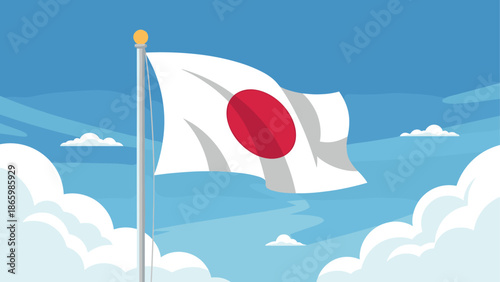 Waving japanese flag in clear blue sky with clouds