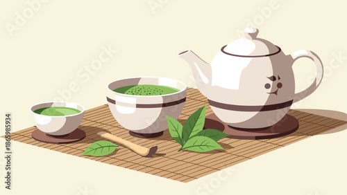 Tea ceremony elements on bamboo mat: teapot, bowls, and leaves