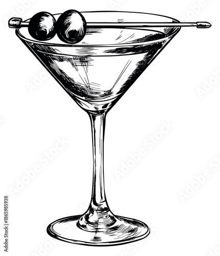 Hand drawn line art illustration of a martini cocktail depicting olives for a bar menu