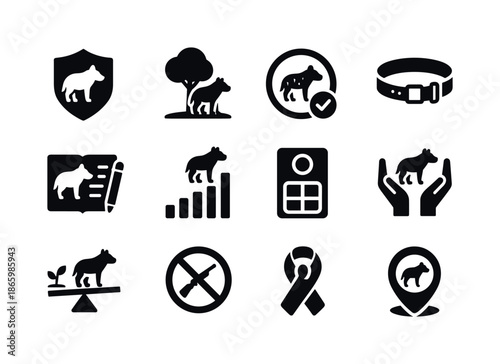 Hyena Conservation Icons. Hyena conservation. Solid icon set of Hyena conservation: protection shield, habitat icon, conservation badge, tracking collar,