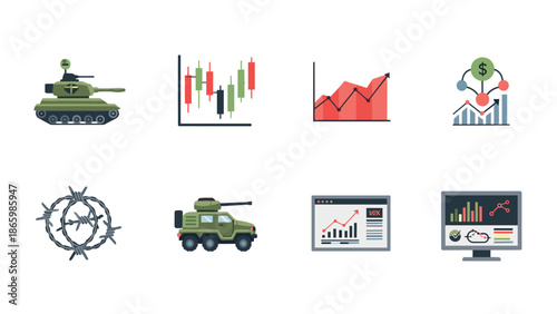 Military and financial graph icons in flat design with data analysis elements