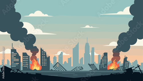 Urban apocalypse scene with burning skyscrapers and smoke
