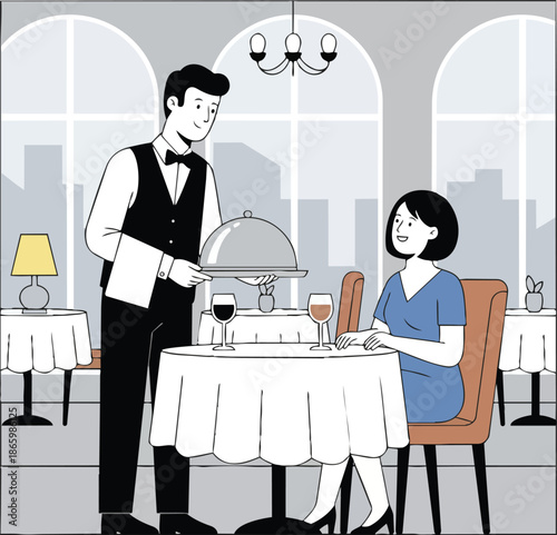 Waiter Serving Dish to Woman in Upscale Restaurant with City View