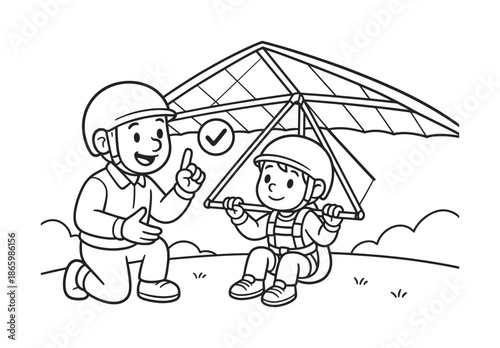 Hang Gliding Lessons. Learning to hang glide children?s coloring book illustration, outlined drawing, child listening to a friendly cartoon instructor showing